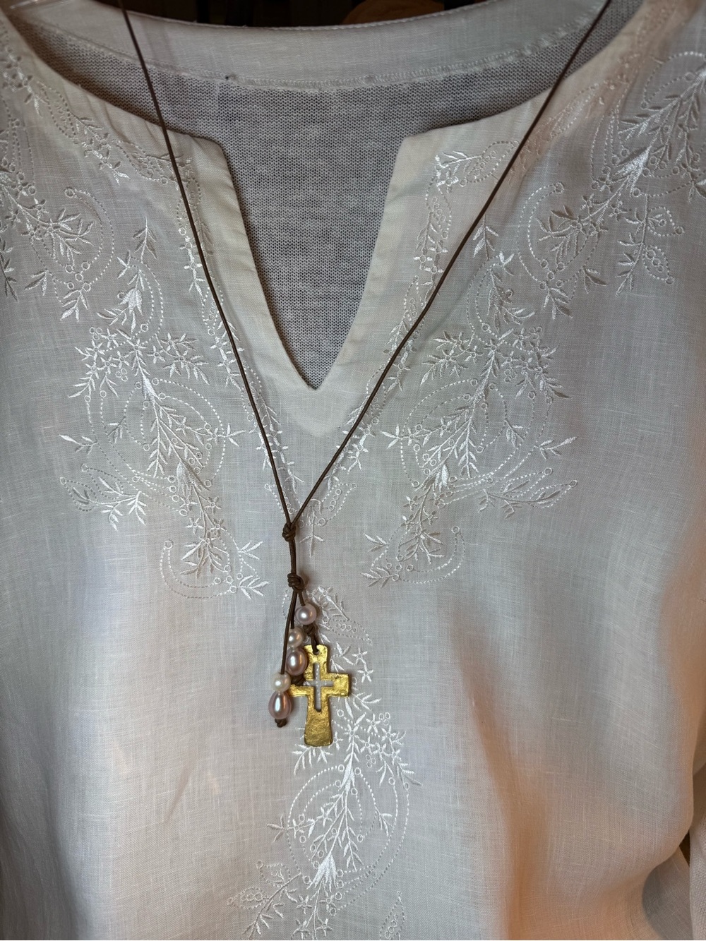 Gold Cross Pendant Necklace on Brown Cord - Adjustable Length